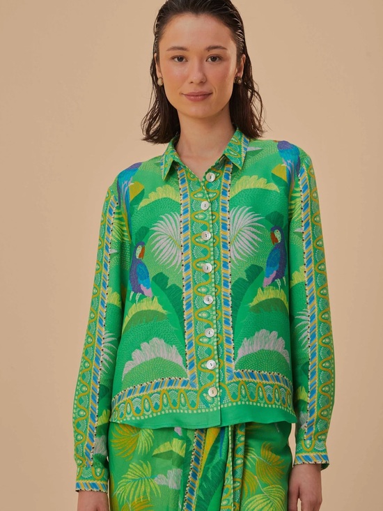 FARM Rio Tops - FARM Rio Macaw Scarf Green Tropical Parrot Button-Down Shirt NEW
